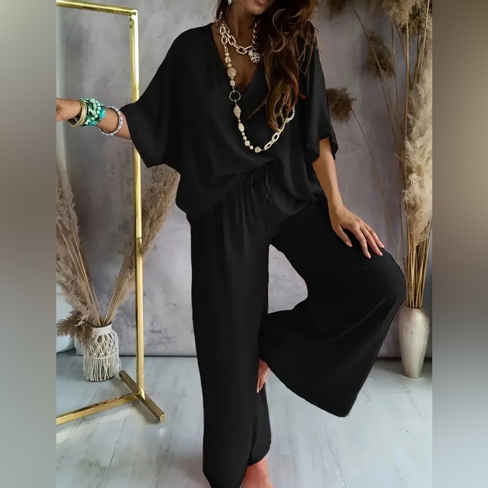 Casual Solid Color Pants Set, Half Sleeve V Neck Top & Wide Leg Pants Outfits